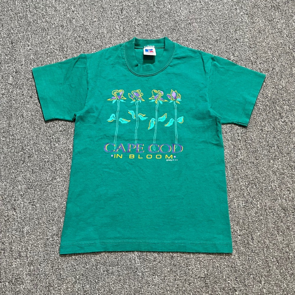 Vintage Russell Athletic T-Shirt Kids Size M 5-6 Green Cape Cod In Bloom 90s USA